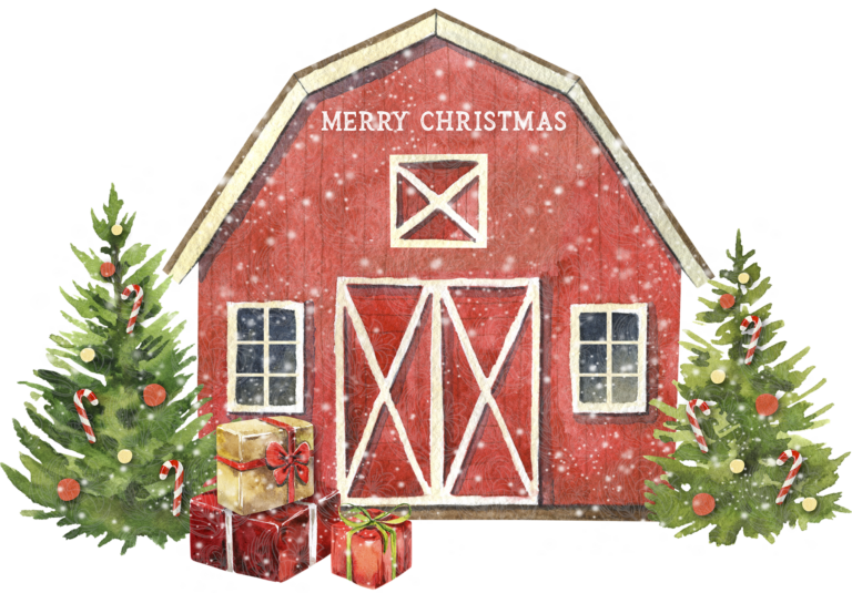 Christmas red barn with decorated pine trees and wrapped gifts in falling snow, Grey Barn Handwerk, Saskatchewan.